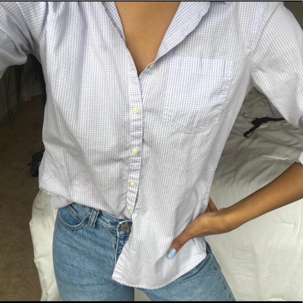 Blue and white button down banana republic shirt